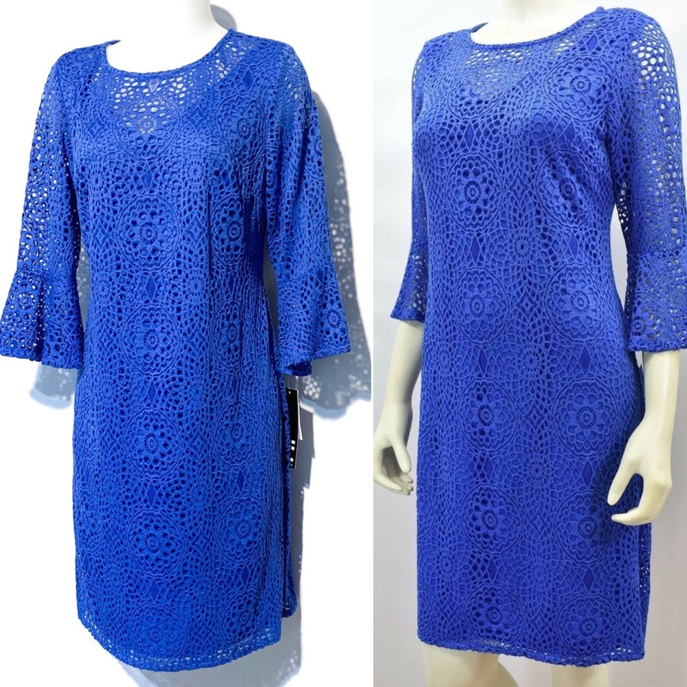 NWT Cobalt Blue Lace Sheath Dress Flounce Sleeves